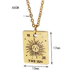 the sun pendant is shown on a gold plated necklace with an adjustable chain, and has