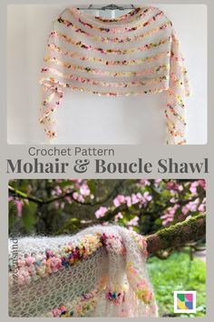 the crochet pattern for mohair and boule shawl is shown in two different colors