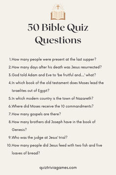 the 50 bible quiz questions are shown in black and white, with an open book on top