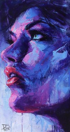 a painting of a woman's face with blue and pink paint