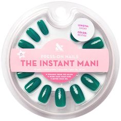 Meet the realest-looking fake nails you've ever seen. The Instant Mani by Olive & June are press-on nails that come in 21 sizes (the most ever!) with the realest-looking fit. Each package contains 42 total nails and everything you need for a perfect press-on mani at home. Straight from the salon, better than gel. Lasts up to 14 days thanks to non-toxic and non-damaging glue. Fake nails never looked so real. Press On Nails Sage Green, Olive And June Obsessed, Olive And June Press On Nails, Dark Green Press On Nails, Olive And June, Nail Length, Pedicure Nail Art, Pedicure Nails, Glue On Nails