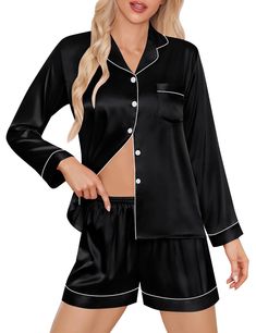 PRICES MAY VARY. ❤【New Style Shorts Set for Women】Premium quality silk satin fabric - 95% Polyester & 5% Spandex. Ultra soft and breathable.Long sleeves can keep you warm in the air conditioning room, elastic waist allows you easily to pull on or take off. It's silky feel on skin, have a premium touch. ❤【Utility Satin PJ Set】The long-sleeve top is classic and convenient with a chest pocket and notch collar and contrast piping trim. The pocket in the chest allows you to store some small stuff. The comfy PJ shorts have an elastic waistband for a perfect fit. Suit For All Season. From winter to spring to summer to fall, you’ll love enveloping yourself in the easygoing luxury of this cozy pajama set. ❤【Occasions】The long sleeve silk pajamas is casual style, great for sleepwear, nightwear, boud Black Pjs, Silk Pjs, Bridal Pajamas, Satin Pj Set, Silk Satin Fabric, Lounge Outfit, Pj Shorts, Winter To Spring, House Clothes