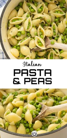 pasta and peas are being cooked in a pot with the title italian pasta and peas