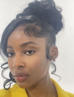 High Bun Ponytail For Black Women, Bun With Pieces Out, Messy Up Do Black Women, Ponytail With Bangs Natural Hair, Short Hairstyle Women Natural Hair, Blow Dried Hairstyles, Updo With Bang, Low Bun Hairstyles For Black Women, Natural Hairstyles For Work