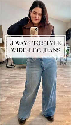 Wide Leg Jeans On Pear Shape, Wide Leg Jeans Button Down Shirt, Wise Leg Jeans Outfit Winter, Wide Leg Jeans Outfit Winter 2023, Wide Leg Jean Plus Size Outfit, Booties With Wide Leg Jeans, Styling High Waisted Wide Leg Jeans, Wide Leg Jeans And Sweatshirt Outfit, Wide Leg Jeans With Converse