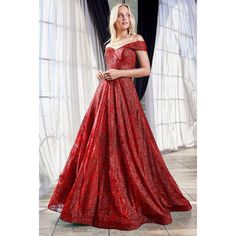 This Formal Gown Features A Beautiful Glitter Pattern Covering The Dress, Sweetheart Neckline With Off Shoulder Detailing, A-Line Figure, And Back Zipper Closure. This Dress Can Be Worn With A Hoop To Create A More Dramatic Skirt. Elegant Red Carpet Festive Dresses, Red Evening Gown For Christmas, Glitter Dresses For Formal Gala Events, Red Christmas Evening Gown, Elegant Christmas Red Carpet Dress, Floor-length Glitter Dress With Fitted Bodice, Floor-length Dress With Glitter And Fitted Bodice, Festive Floor-length Evening Dress For Holidays, Festive Holiday Floor-length Evening Dress