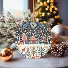 a christmas ornament hanging on a table next to ornaments and a tree with lights in the background