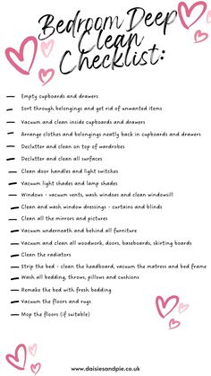 Checklist for deep cleaning bedroom - full text for steps on the website Home To Do List Clean House, Deep Home Cleaning, Living Room Deep Clean, Winter Organization Ideas, New Years Cleaning Checklist, New Year Deep Cleaning, Tips On Cleaning Your Room, Order To Clean Room, Bedroom Life Hacks