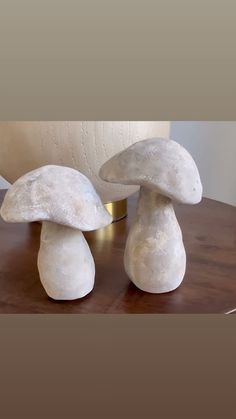 two white mushrooms sitting on top of a wooden table