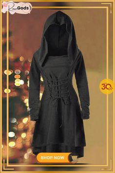 Casual Hoodie Halloween Dresses Hooded Black Outerwear For Costume Party, Black Hooded Outerwear For Costume Party, Winter Costume Long Sleeve Dress, Winter Costume Dress With Long Sleeves, Winter Long Sleeve Costume Dress, Long Sleeve Winter Costume Dress, Spooky Long Sleeve Halloween Hoodie, Casual Halloween Cosplay Hoodie, Witchy Hooded Winter Outerwear