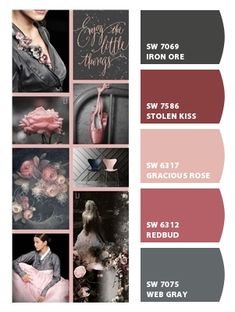 the color scheme is red, grey and pink with different images on it's side