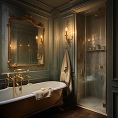 a bath tub sitting next to a walk in shower under a bathroom mirror with lights on it