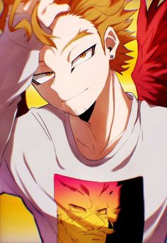 an anime character with blonde hair wearing a white t - shirt and red wings on his head