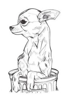 a drawing of a dog sitting on top of a trash can with its head turned to the side