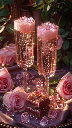 two champagne flutes are sitting on a tray with pink roses and chocolates in it