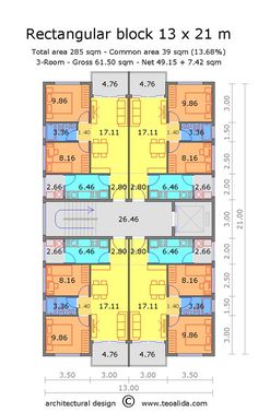 the floor plan for an apartment building with three floors and two balconies on each level