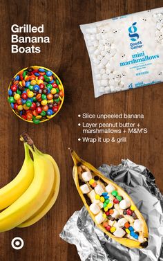 the ingredients for this recipe include bananas, marshmallows, and jelly beans