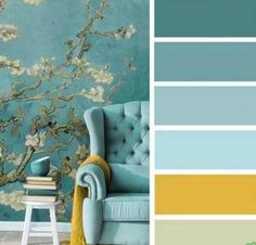 a living room with blue and yellow colors on the walls, an upholstered chair and