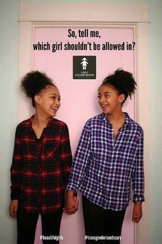 two women standing next to each other in front of a pink door with the words so tell me, which girl shouldn't be allowed?