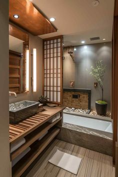 Bathroom design zen modern Fun Bathroom Design Ideas, Japanese Garden Bathroom, Japanese Organic Modern, Asian Bathroom Ideas Zen Japanese Style, Japanese Spa Bathroom Ideas, Zen Flooring, Godzilla Bathroom, Asian House Interior, Japan Bathroom Design