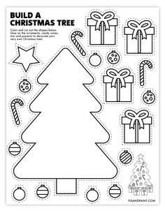 a christmas tree cut out from paper with ornaments and decorations around the tree on it