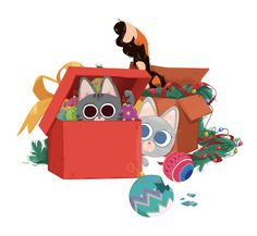 a box filled with lots of different types of christmas decorations and stuffed animals in it