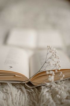 an open book sitting on top of a bed next to a white blanket and flowers