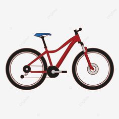 a red bicycle with black spokes and blue seat