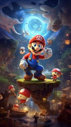 an image of mario on top of a platform in the middle of some water with other characters