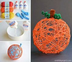 an orange pumpkin made out of yarn and crochet is featured in this collage