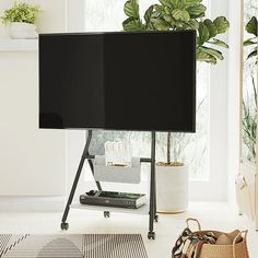 a flat screen tv sitting on top of a wooden stand in a living room next to a potted plant