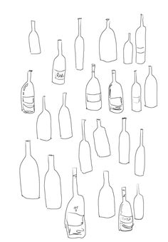 a bunch of bottles that are drawn in black and white