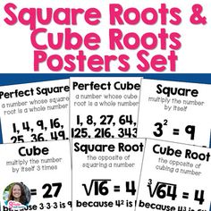 the square roots and cube roots posters set is shown in four different colors, with numbers on