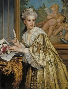 a painting of a woman in an elegant dress holding a paper and looking at it