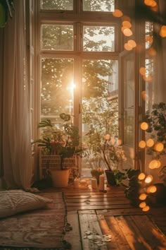 an open window with lights shining in the background and potted plants next to it