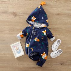 Fox Pattern Hooded Jumpsuitfor Baby Boy - PrettyKid Blue Long Sleeve Jumpsuits And Rompers For Playtime, Blue Long Sleeve Jumpsuits And Rompers For Winter, Blue Long Sleeve Winter Jumpsuits And Rompers, Casual Jumpsuits And Rompers For Winter Playtime, Winter Fitted Onesie For Playwear, Fitted Winter Onesie For Playwear, Casual Winter Onesie With Cartoon Print, Fitted Winter Onesie For Playtime, Cotton Long Sleeve Jumpsuits And Rompers With Cartoon Print