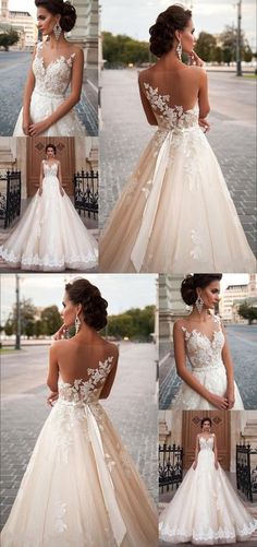 four different pictures of a woman in a wedding dress with flowers on the back and shoulder