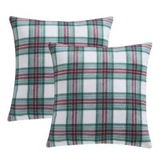 two green and red plaid pillows