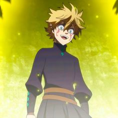 an anime character with blue eyes standing in front of a green background and looking at the camera