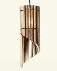 a wooden light fixture hanging from the ceiling with long strips of wood on it's sides