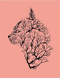 a drawing of a cat's head with tree branches on the side, against a pink background