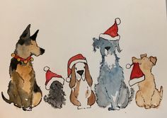 three dogs wearing santa hats sitting next to each other on a white surface with watercolors