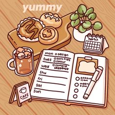 Drawing Of A Notebook, Cute Food Drawings Aesthetic, Cute Digital Drawings, Aesthetic Food Drawing, Cute Stickers For Journal, Planner Drawings, Illustration Art Coffee, Kawaii Food Drawings, Food Drawing Ideas