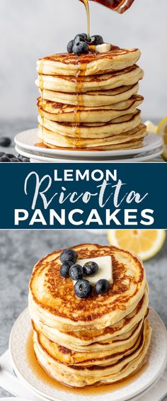 a stack of pancakes with blueberries and syrup being drizzled on top