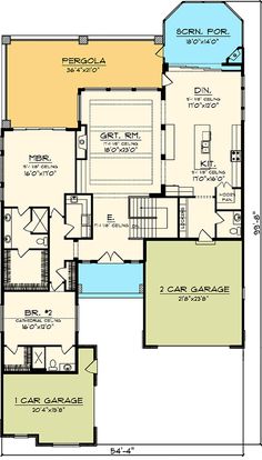 the first floor plan for a house with two garages and an upstairs living area