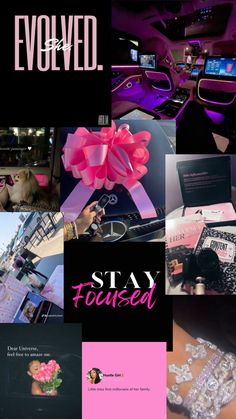 the inside of a car is decorated with pink and black items, including flowers, jewelry, and cards