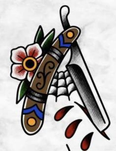 a drawing of a knife with flowers on it and blood dripping from the blade to the ground