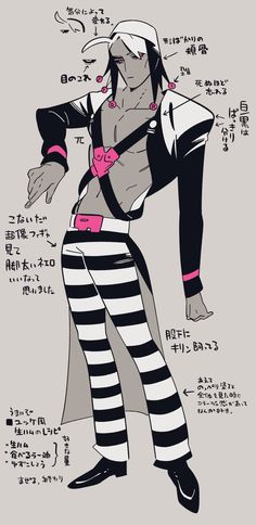 an anime character in striped pants and a pink bow tie with words written on it