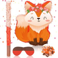 an orange fox with flowers on its head next to a pair of sunglasses and a stick