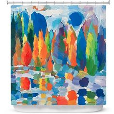 an abstract painting shower curtain with trees and water in the foreground, on a white background